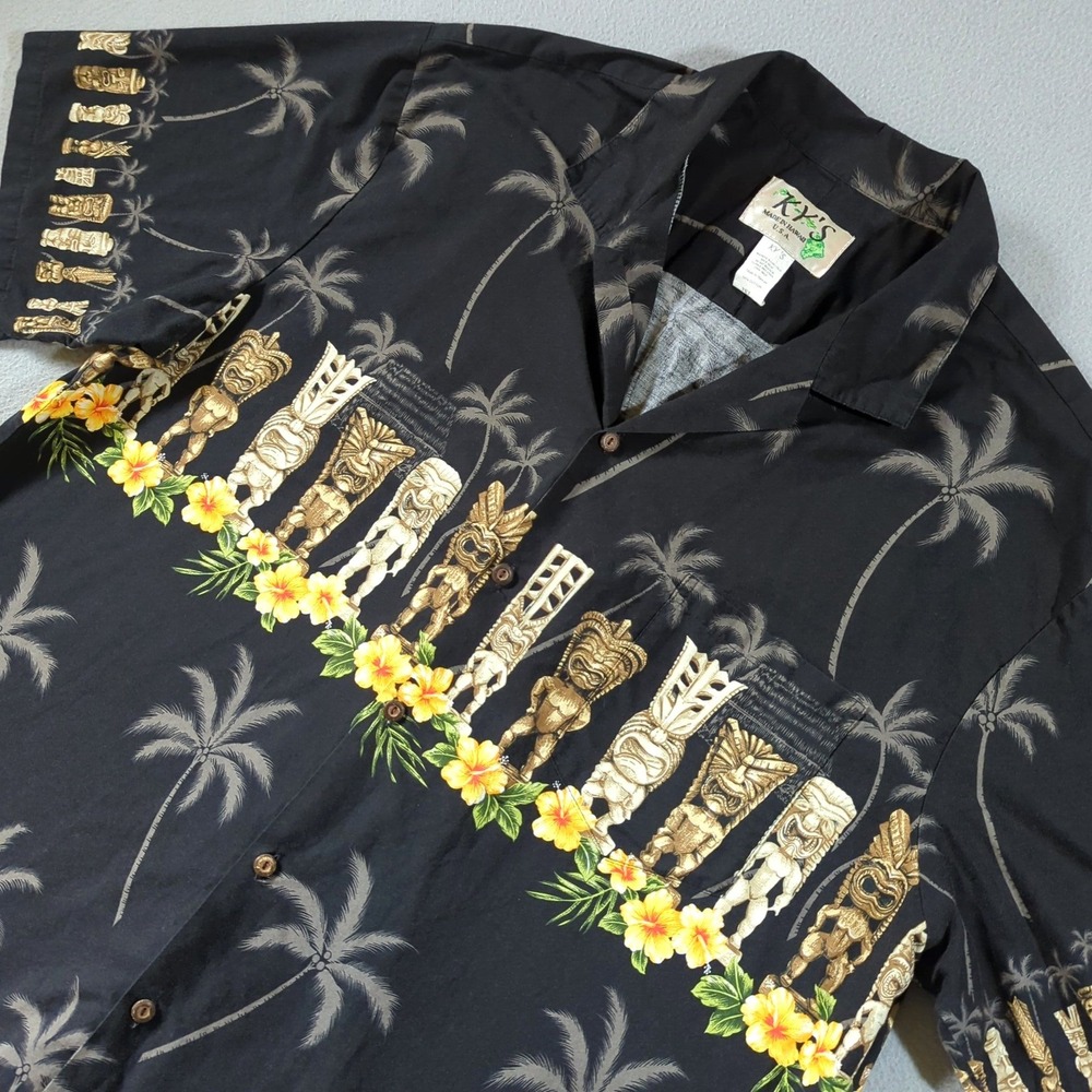 KY'S Hawaiian Shirt Mens 2XL Black Tiki Hibiscus Palm Tree Cotton Made in USA